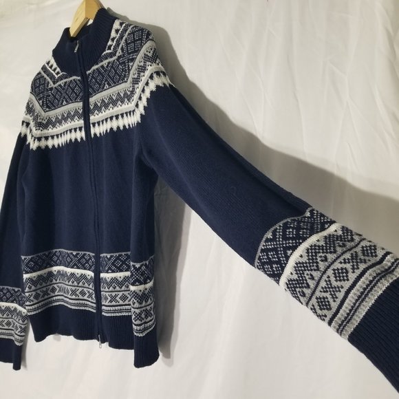 Goodfellow & Co Mens L Full Zip Cardigan Sweater Navy Blue Cream Chevron Argyle - Picture 3 of 12